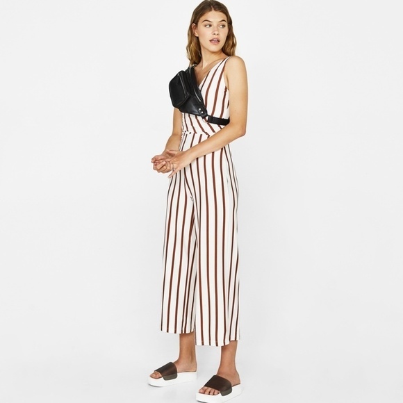 Bershka Anthropologie Jumpsuit Brown White Stripe Convertible Belted Cropped Leg - Picture 16 of 16